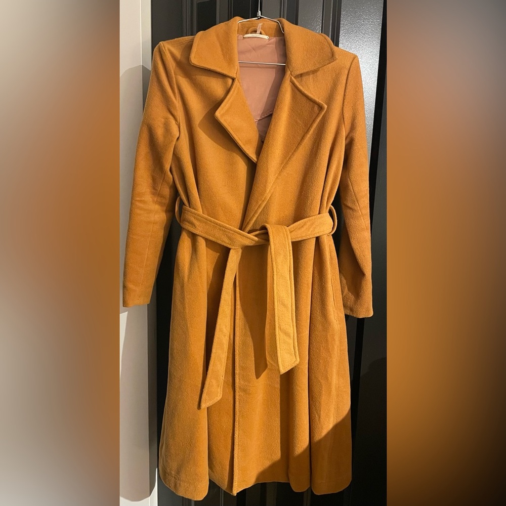 Free People wrap front flared long trench coat with wool in mustard yellow